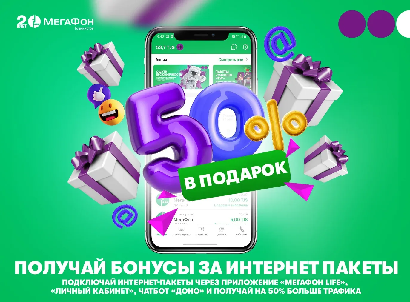 МегаФон Таджикистан начал дарить 50% трафика к подключенным интернет-пакетам
